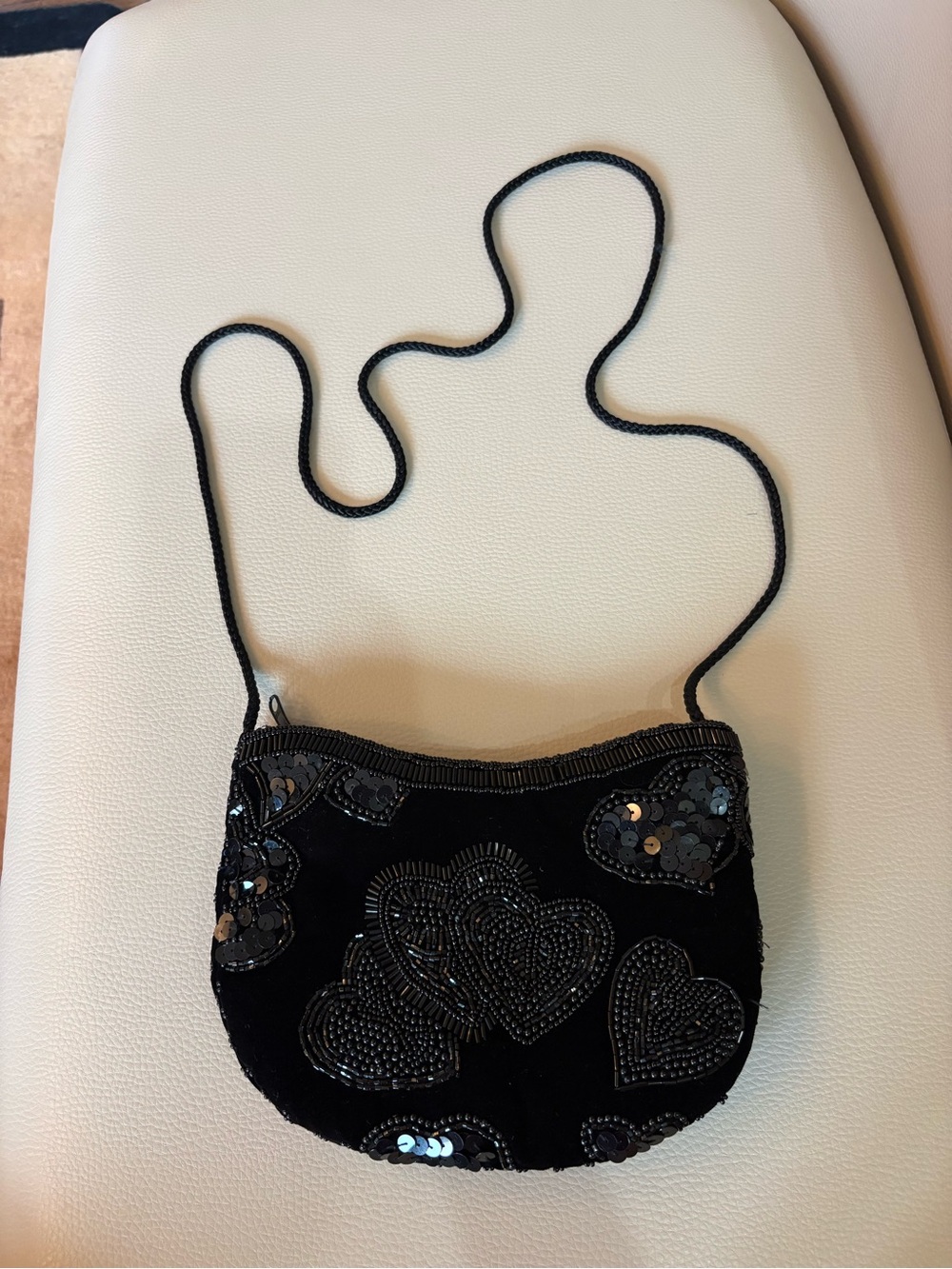 Black Velvet Beaded Sequin Heart Embellished Shoulder Bag